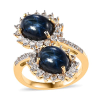 Blue Star Sapphire (DF), White Zircon Bypass Ring in Vermeil YG Over Sterling Silver (Size 6.0) 7.80 ctw