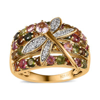 GP Trionfo Collection Premium Multi-Tourmaline and White Zircon Dragonfly Ring in Vermeil Yellow Gold Over Sterling Silver (Size 10.0) 3.20 ctw