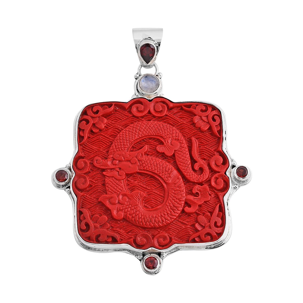 Sajen Silver Simulated Cinnabar Carved and Multi Gemstone Dragon Pendant in Sterling Silver 7.00 ctw