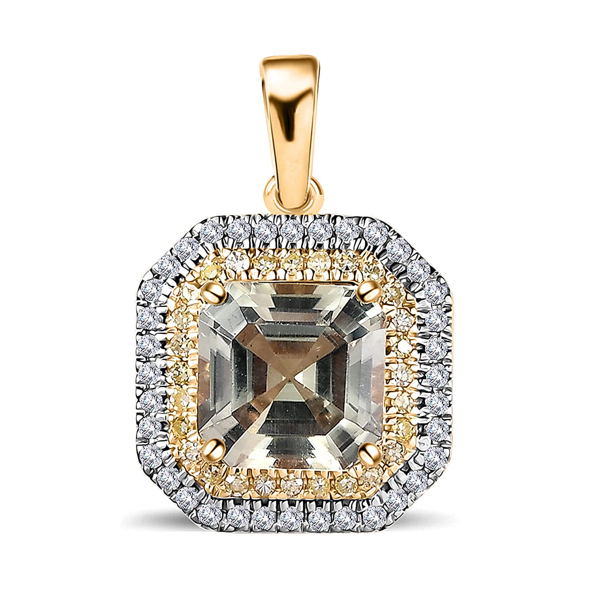 Luxoro 14K Yellow Gold AAA Turkizite, I1-I2 Natural Yellow and White Diamond Double Halo Pendant 3.10 ctw