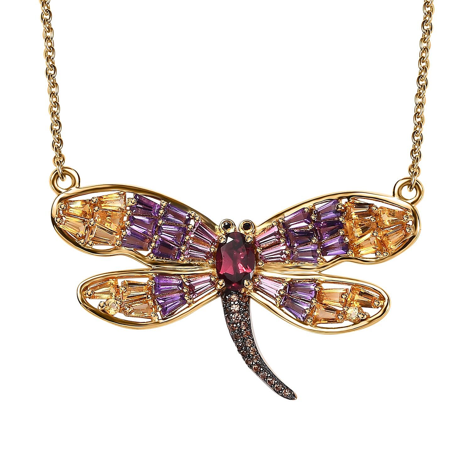 GP Trionfo Collection Premium Orissa Rhodolite Garnet and Multi Gemstone Dragonfly Necklace 18 Inches in Vermeil Yellow Gold Over Sterling Silver 3.00 ctw