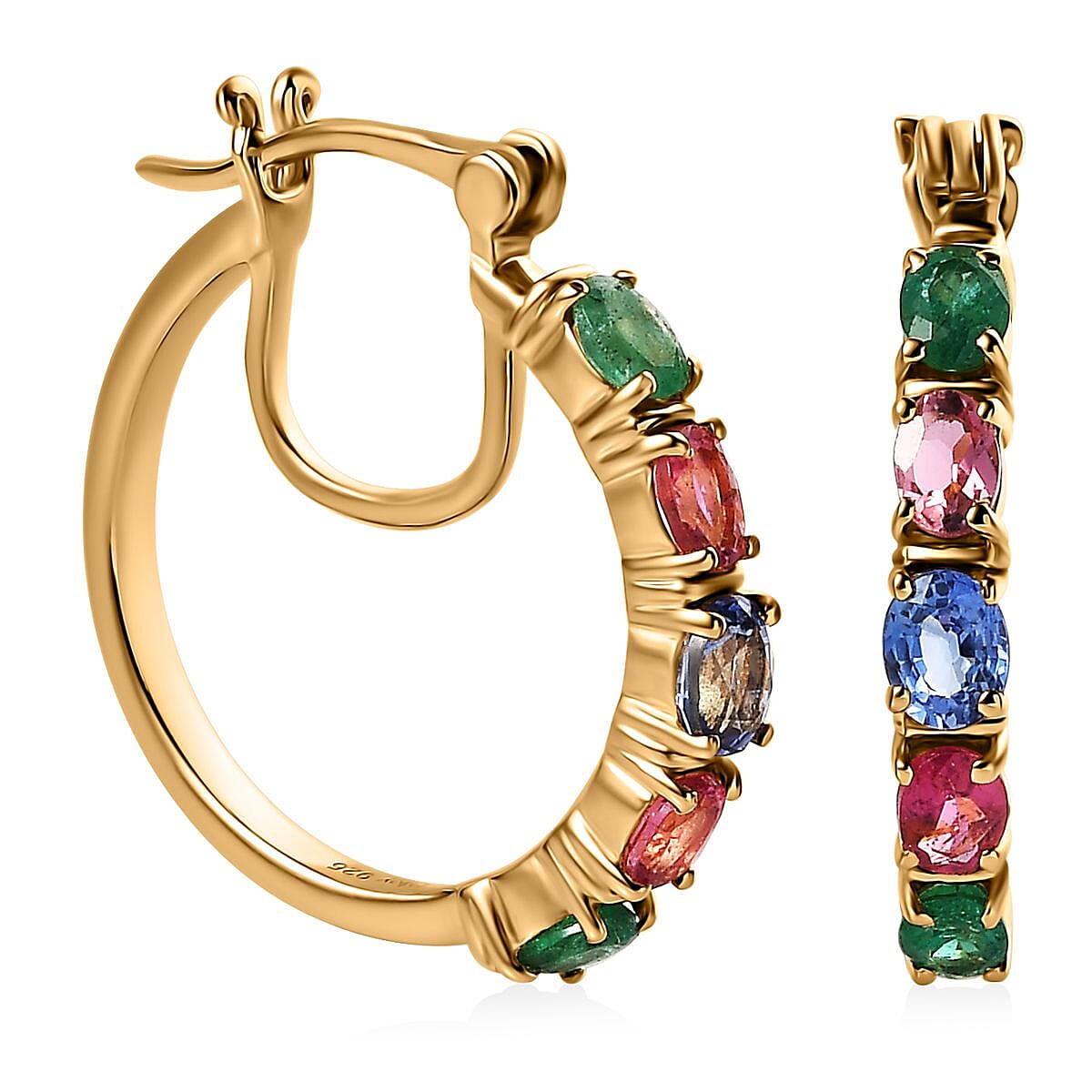 Multi Gemstone Hoop Earrings in Vermeil Yellow Gold Over Sterling Silver 2.25 ctw