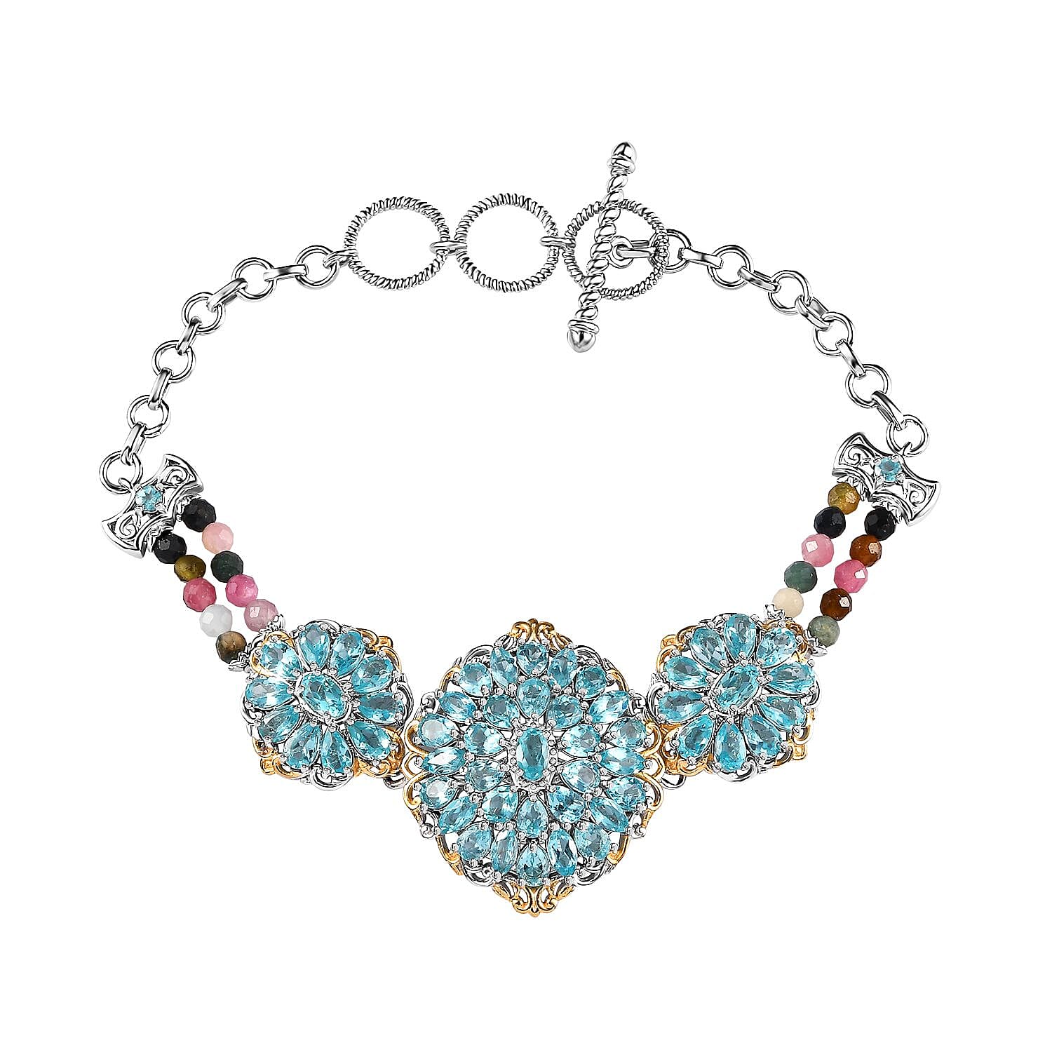 Betroka Blue Apatite and Multi-Tourmaline 14.60 ctw Toggle Clasp Bracelet in Vermeil YG and Platinum Over Sterling Silver (6.50-8.50In)