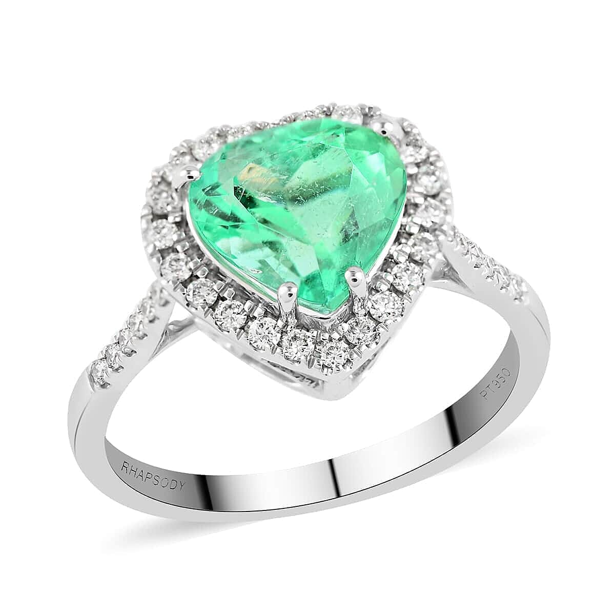 Certified and Appraised RHAPSODY 950 Platinum AAAA Colombian Emerald and E-F VS Diamond Heart Halo Ring 4.30 Grams 2.25 ctw