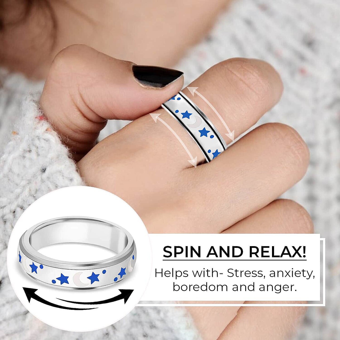 Sterling Silver Moon Star Spinner Band Ring (4.90 g)