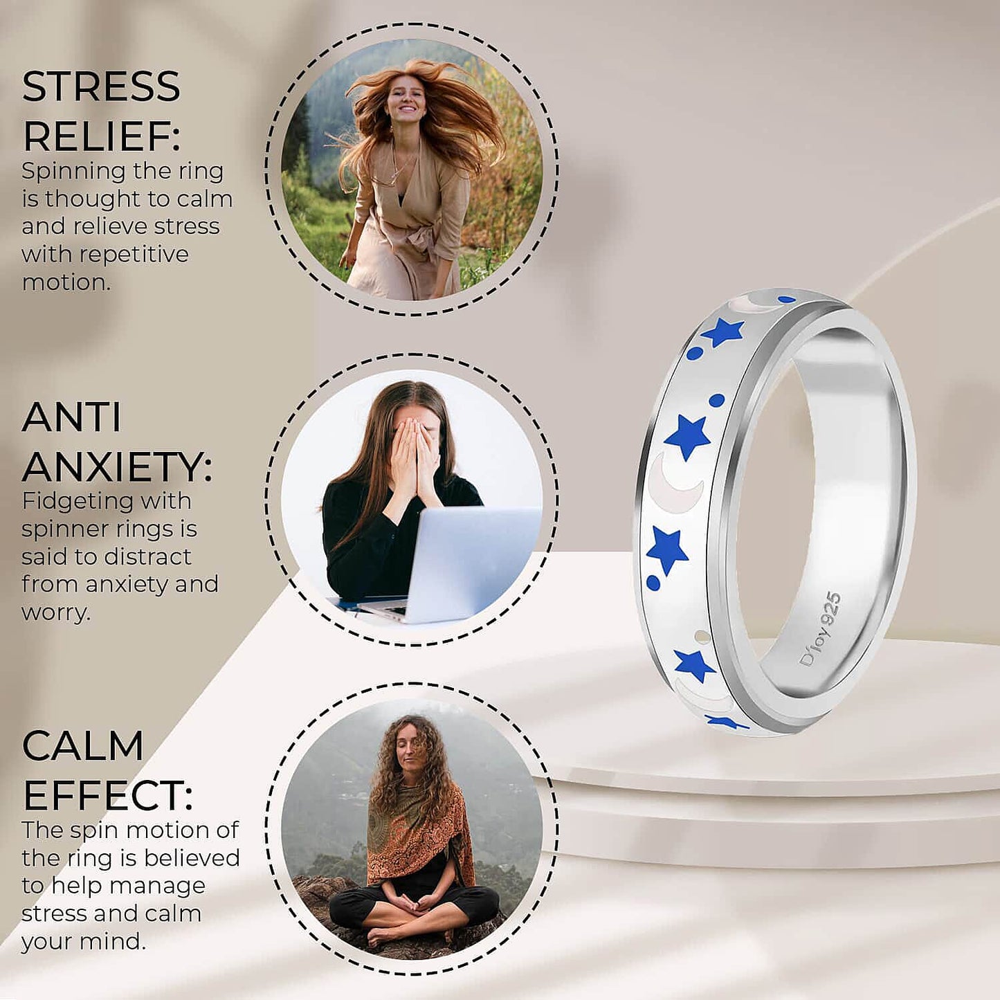 Sterling Silver Moon Star Spinner Band Ring (4.90 g)