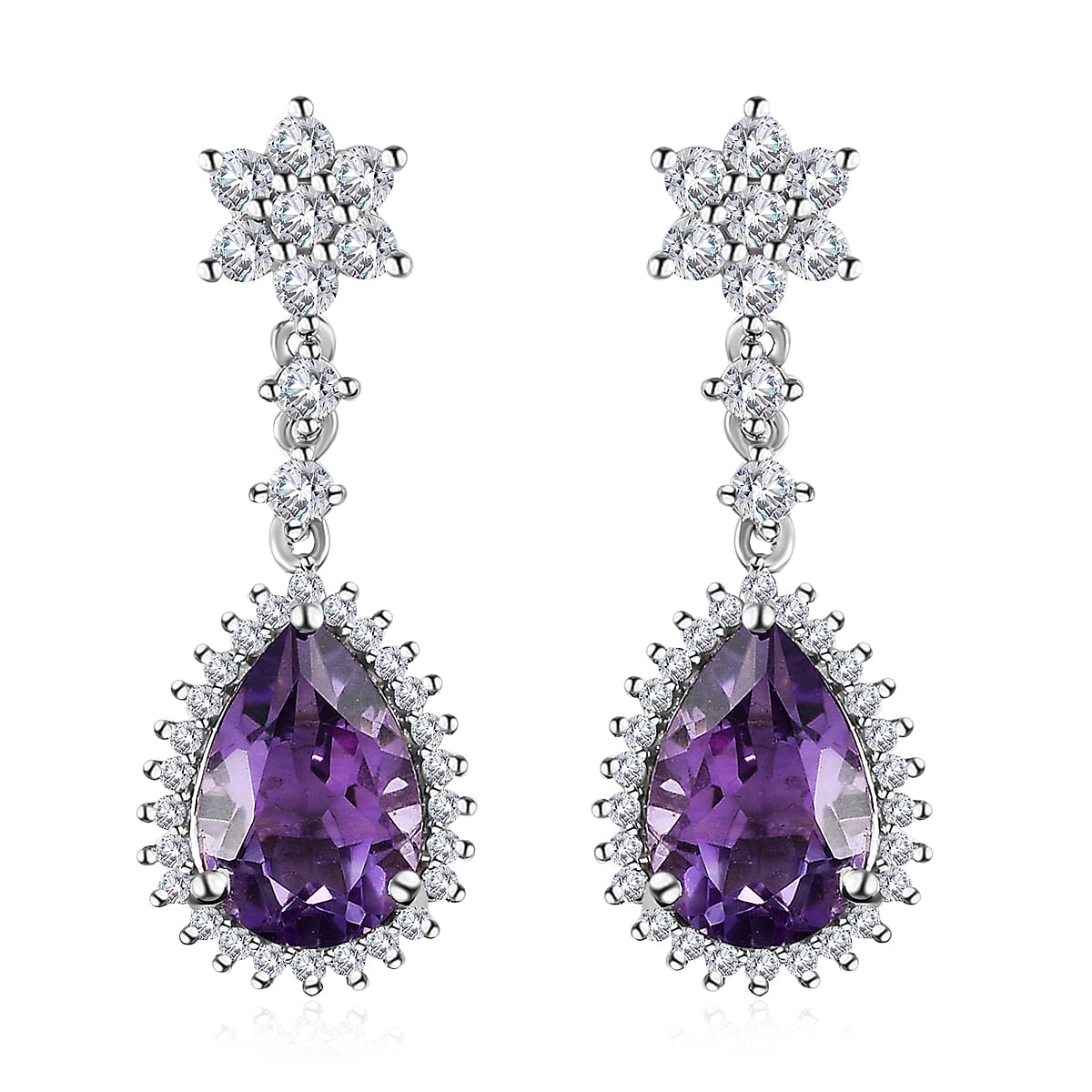 Rose De France Amethyst and White Zircon Dangle Earrings in Platinum Over Sterling Silver 7.35 ctw