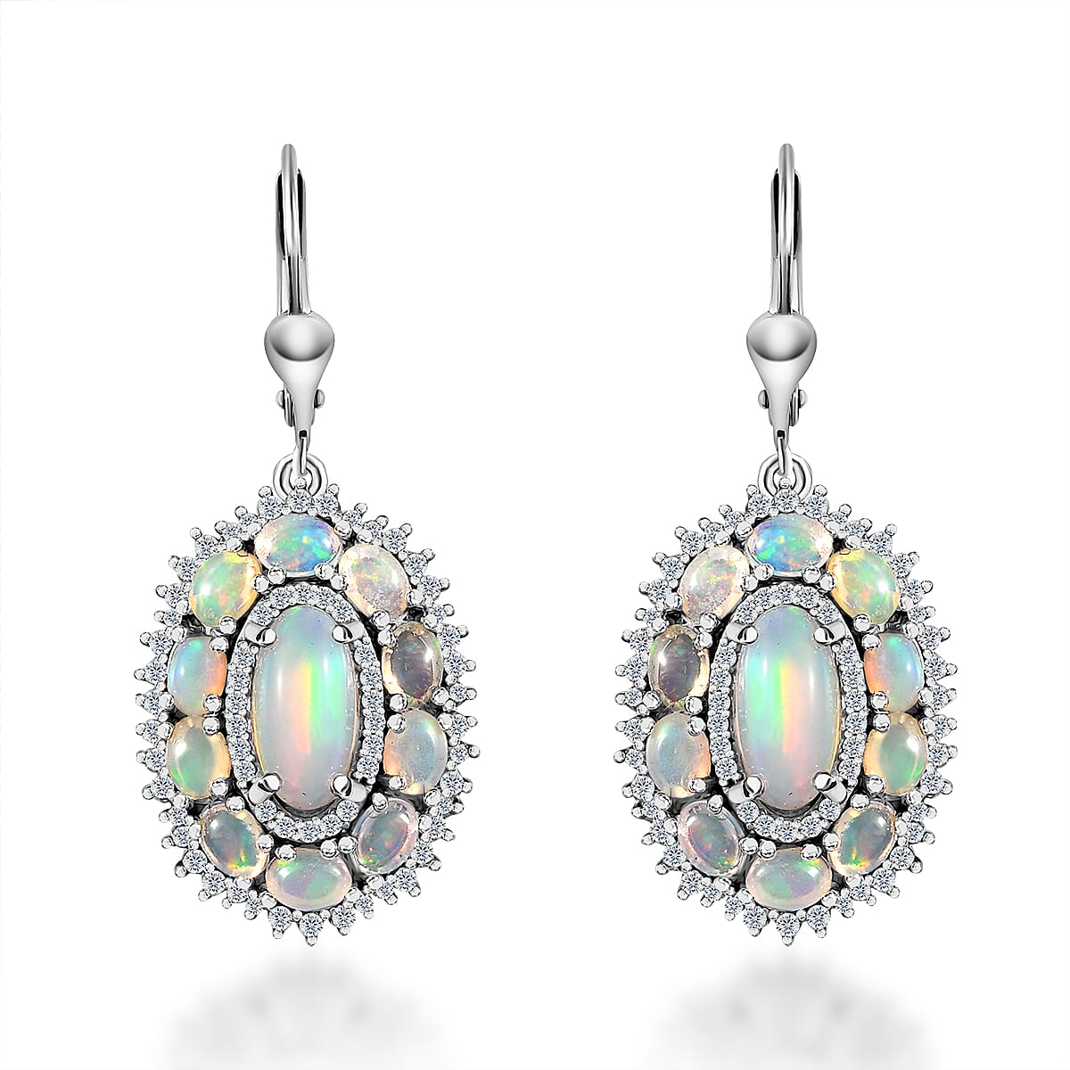 TLV Premium Ethiopian Welo Opal, White Zircon Lever Back Earrings in Platinum Over Sterling Silver 5.25 ctw