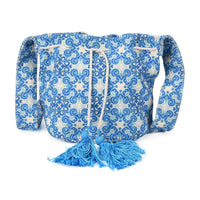 Blue Color Flower Pattern Crossbody Bag (9"x8.3"x6.7") with Blue Tassel and Shoulder Strap (59")