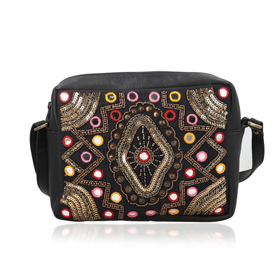 "100%  Genuine Leather embellished crossbody sling Bag Size: 10.25(L) x 3.5 (W) x 8.25 (H)  inches Color: Black "