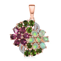 Orissa Rhodolite Garnet and Multi Gemstone Floral Bouquet Pendant in Vermeil Rose Gold Over Sterling Silver 3.35 ctw