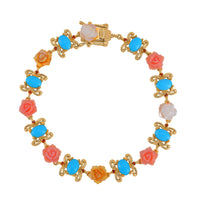 D'Joy Sleeping Beauty Turquoise, Multi Color Mother Of Pearl Carved and Mozambique Garnet 5.65 ctw Floral Bracelet in Vermeil Yellow Gold Over Sterling Silver (7.50 In)