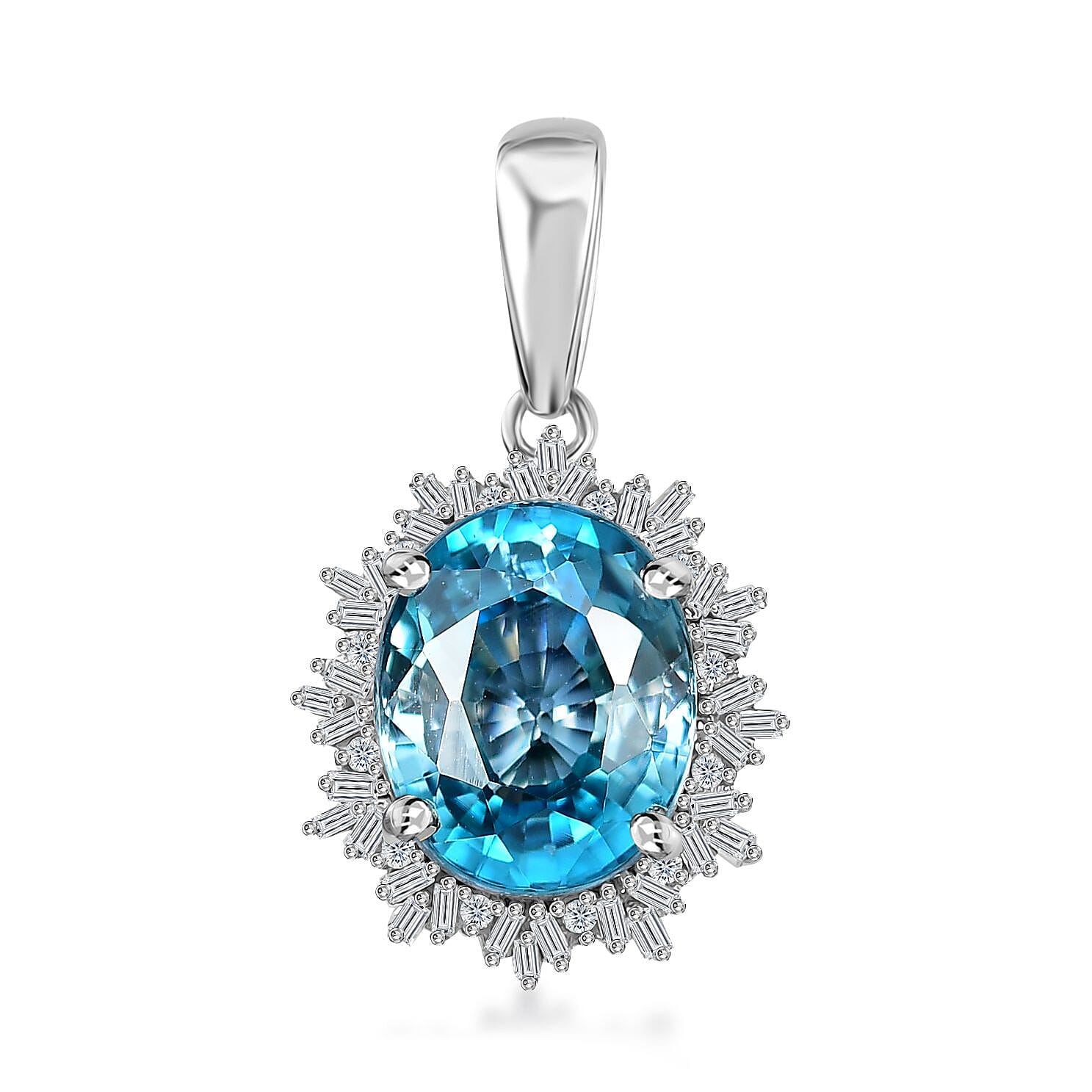 Luxoro 14K White Gold AAA Cambodian Blue Zircon and G-H I2 Diamond Sunburst Pendant without Chain 5.90 ctw