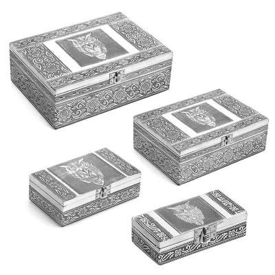 "Set of 4 Owl Nested Oxidized Nested Box  SIZE: 9.5(L)x6.75(W)x3.5(H) Inches 8(L)x5.25(W)x2.5(H) Inches 6.5(L)x4(W)x2(H) Inches 5(L)x2.5(W)x1.25(H) inch COLOR: Sliver"