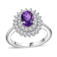 Uruguayan Amethyst, White Zircon Floral Ring in Platinum Over Sterling Silver (Size 10.0) 1.35 ctw