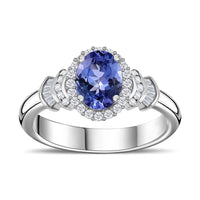 Tanzanite and Diamond Halo Ring in Platinum Over Sterling Silver (Size 10.0) 1.50 ctw