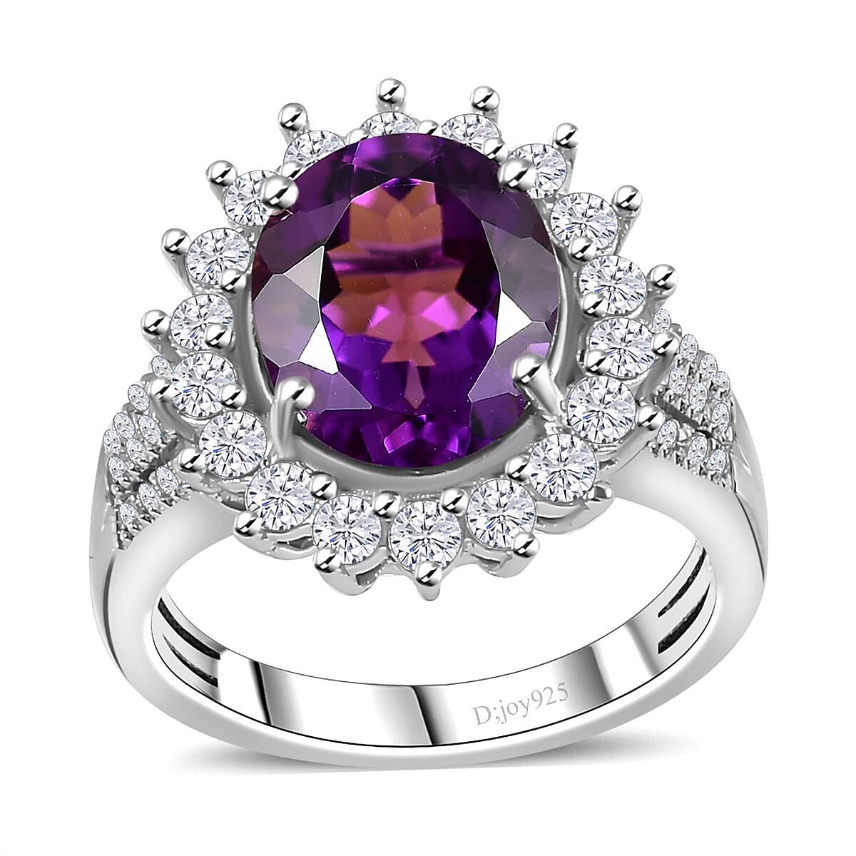 Premium Uruguayan Amethyst, Moissanite Sunburst Ring in Platinum Over Sterling Silver (Size 10.0) 4.00 ctw