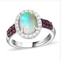 Premium Ethiopian Welo Opal, Multi Gemstone Halo Ring in Platinum Over Sterling Silver (Size 10.0) 1.50 ctw