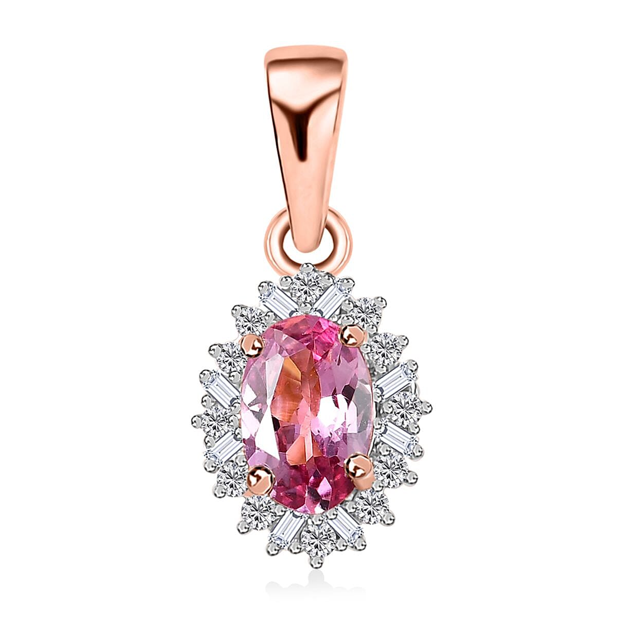 10K Rose Gold AAA Narsipatnam Pink Spinel and G-H I2 Diamond Sunburst Pendant without Chain 0.55 ctw