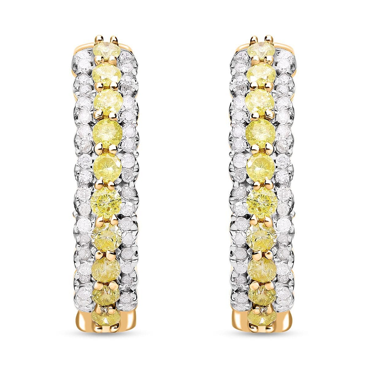 Natural Yellow and White Diamond Hoop Earrings in Vermeil Yellow Gold Over Sterling Silver 1.00 ctw