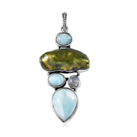 D'Joy Artisan Crafted Larimar and Multi Gemstone Pendant in Black Oxidized Sterling Silver 26.00 ctw