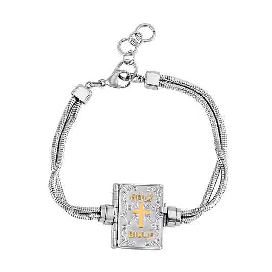Bible Book Charm Bracelet in ION Plated YG and Stainless Steel (7.5-9.0In)