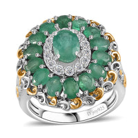 TLV Kagem Zambian Emerald, White Zircon Dahila Floral Ring in 18K Vermeil YG and Rhodium Over Sterling Silver (Size 7.0) 3.00 ctw