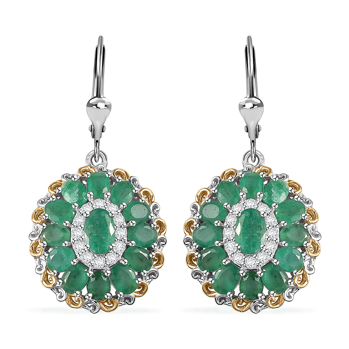 TLV Kagem Zambian Emerald, White Zircon Lever Back Earrings in 18K Vermeil YG and Rhodium Over Sterling Silver 5.30 ctw
