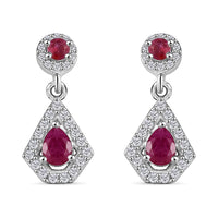 Montepuez Ruby and White Zircon Dangling Earrings in Rhodium Over Sterling Silver 0.90 ctw