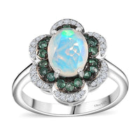 Premium Ethiopian Welo Opal and Multi Gemstone 1.60 ctw Flower Ring in Rhodium Over Sterling Silver (Size 10.0)
