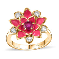 Niassa Ruby (FF), White Zircon, Enameled Floral Ring in 18K Vermeil YG Over Sterling Silver (Size 10.0) 0.50 ctw