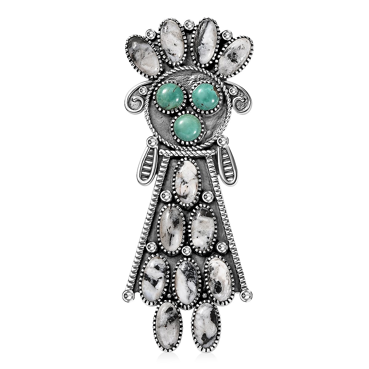 Artisan Crafted White Buffalo and Sierra Nevada Turquoise 17.35 ctw Kachina DollPendant without Chain in Sterling Silver