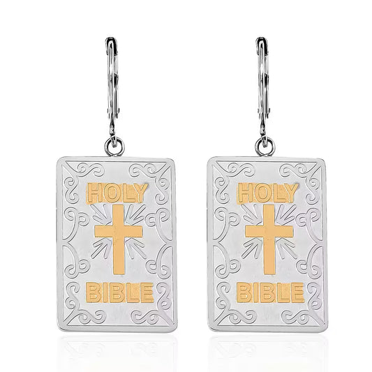 Bible Book Earrings in ION Plated YG and Stainless Steel