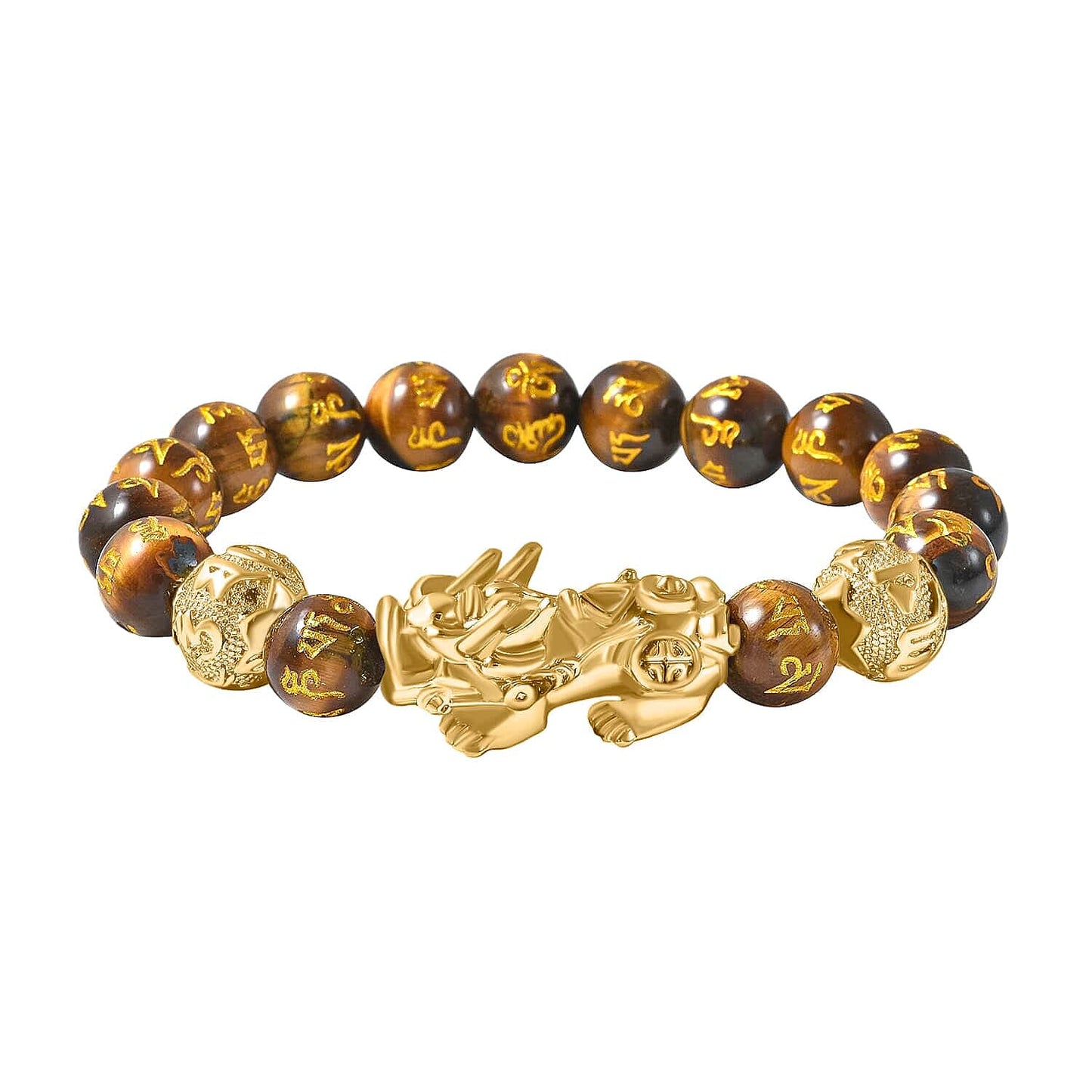 Feng Shui Black Obsidian Carved Beaded Bracelet in Goldtone 6.50 Inches 138.00 ctw