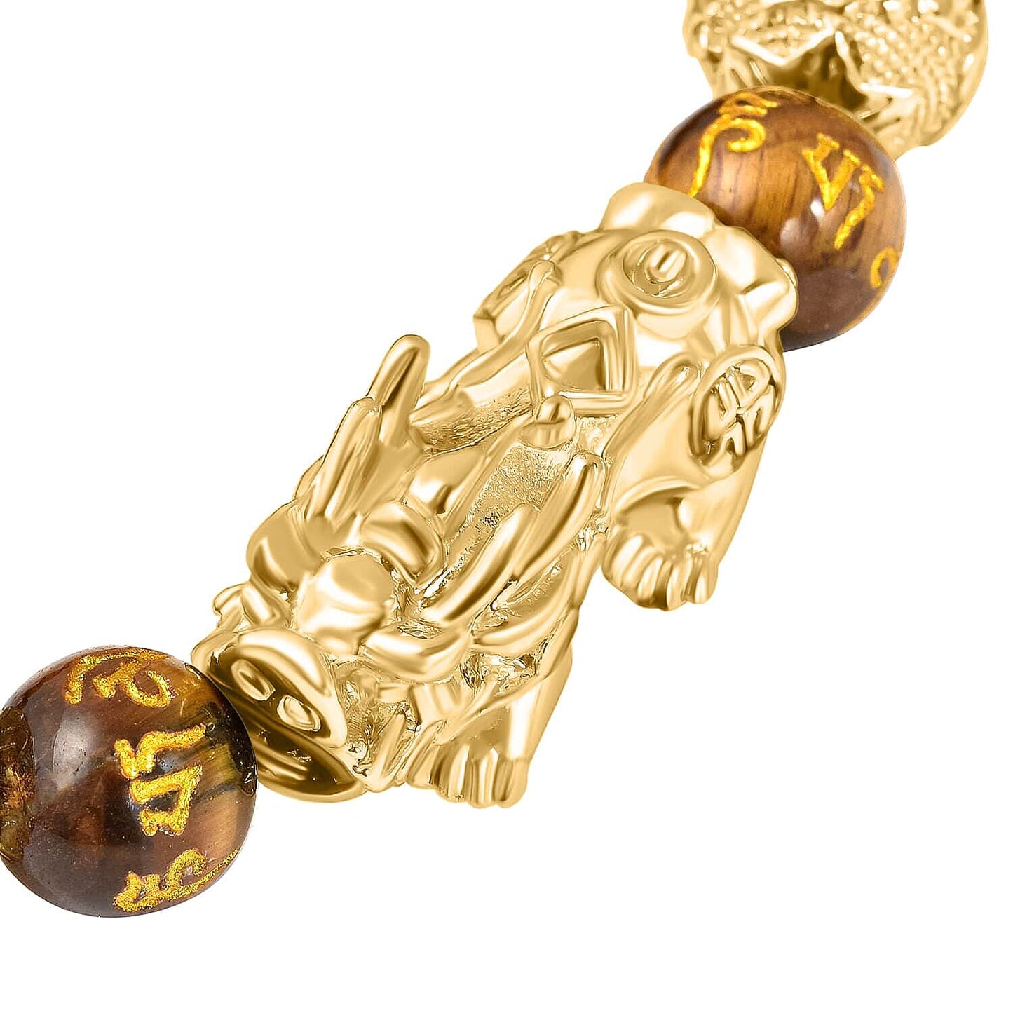 Feng Shui Black Obsidian Carved Beaded Bracelet in Goldtone 6.50 Inches 138.00 ctw