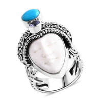 Bali Goddess Carved Bone, Multi Gemstone Ring in Sterling Silver (Size 10.0) 1.00 ctw