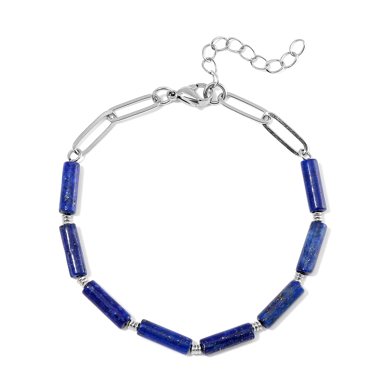 Lapis Lazuli Barrel Shape Paper Clip Chain Bracelet (8.00-9.50In) in Stainless Steel 22.50 ctw
