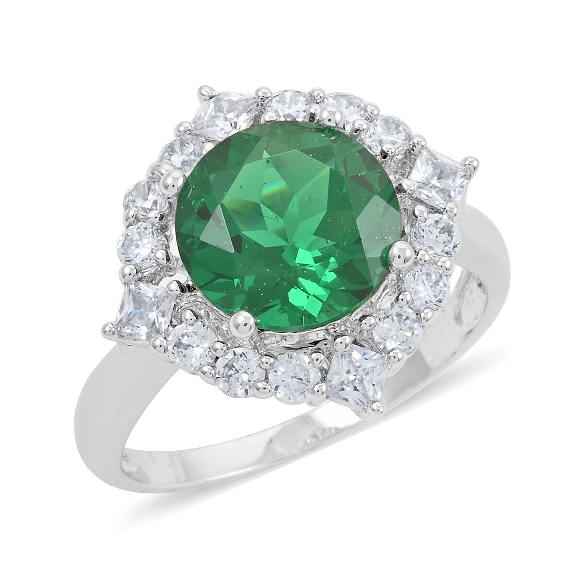 Emerald, Simulated Diamond Ring in Silvertone (Size 9.0) 6.10 ctw