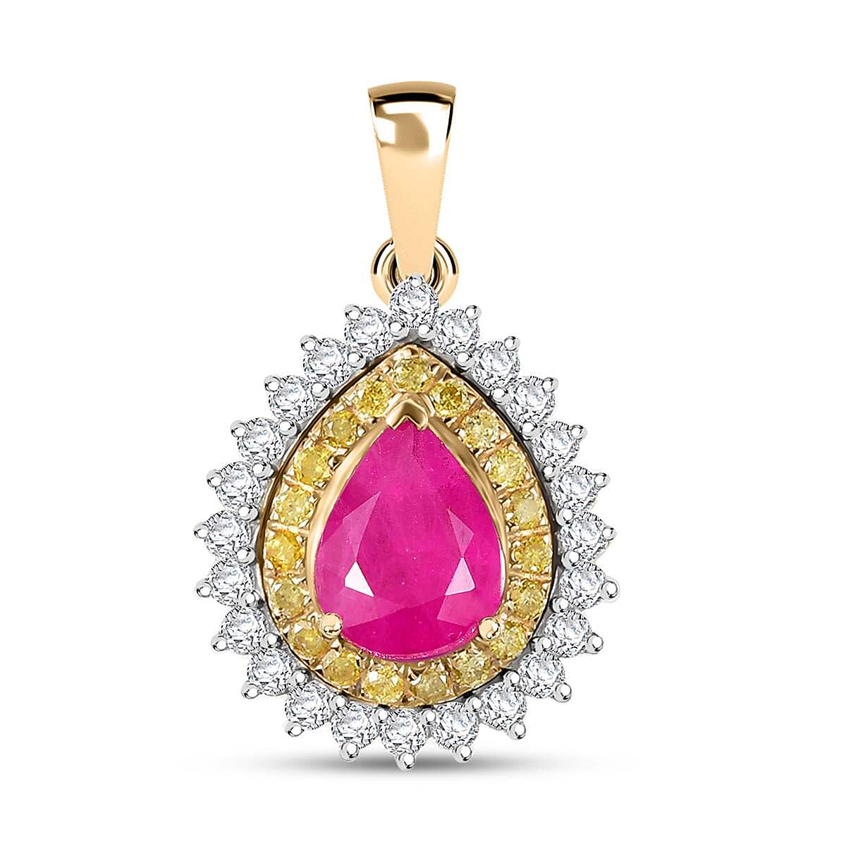Certified & Appraised Luxoro AAA Royal Ruby, G-H I2 Yellow and White Diamond 1.93 ctw Pendant without Chain in 10K Yellow Gold
