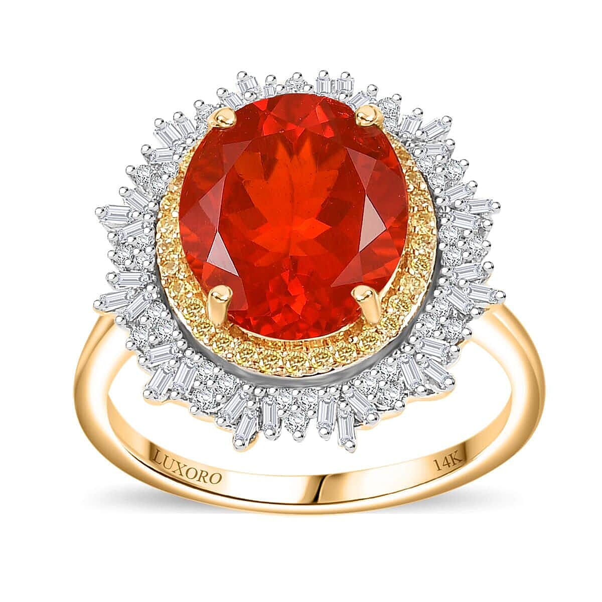 Luxoro AAAA Fire Opal, G-H I2 Natural Yellow and White Diamond 3.60 ctw Ring in 14K Yellow Gold