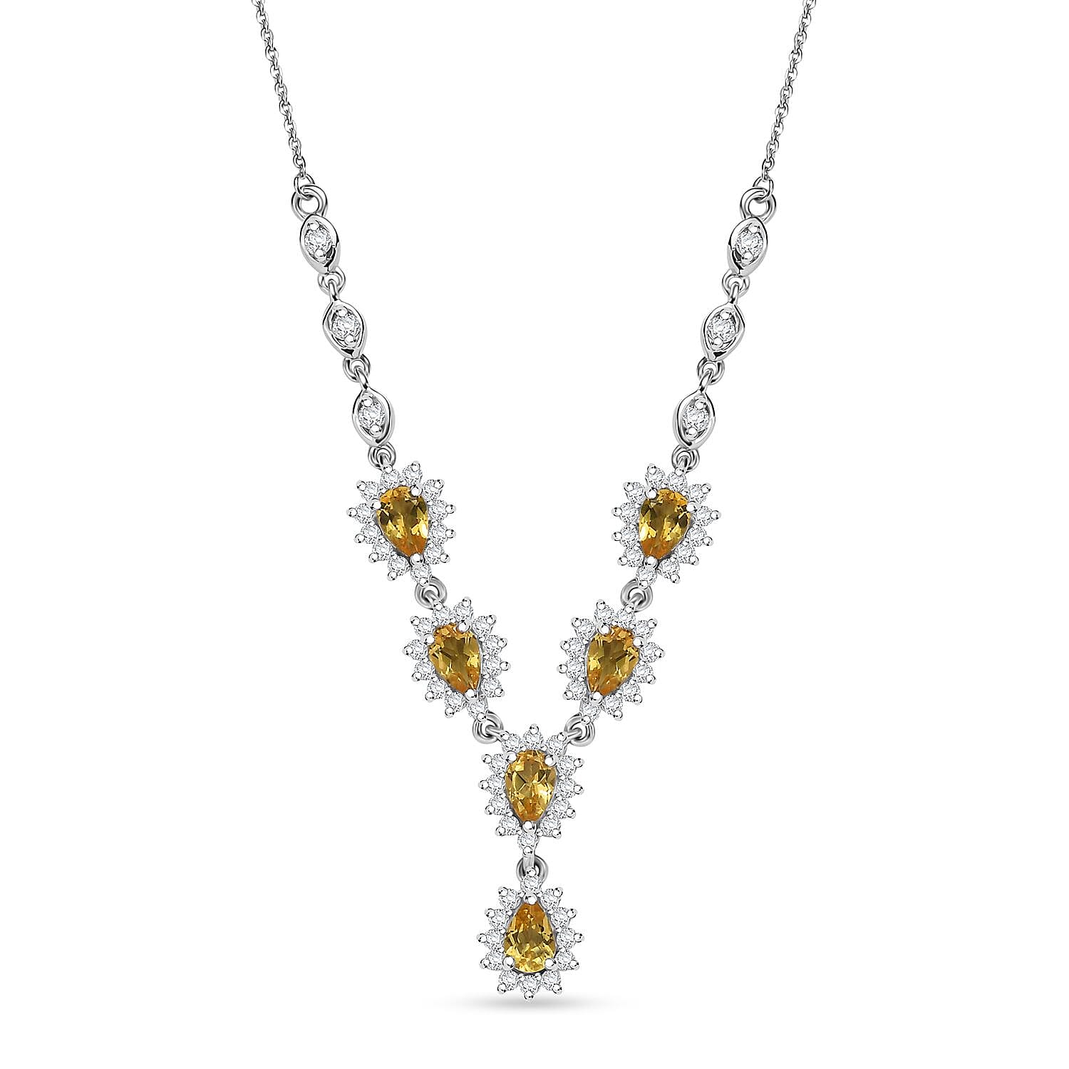 D'Joy Premium Brazilian Heliodor and Moissanite 3.55 ctw Sunflower Cascade Necklace in Rhodium Over Sterling Silver 18 Inches