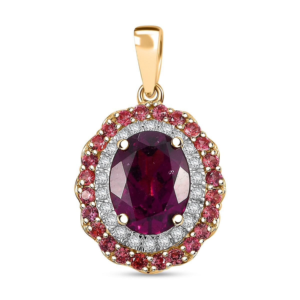 Certified & Appraised Luxoro AAA Radiant Ember Garnet, Padparadscha Sapphire, I2 Diamond 2.72 ctw Pendant in 10K Yellow Gold