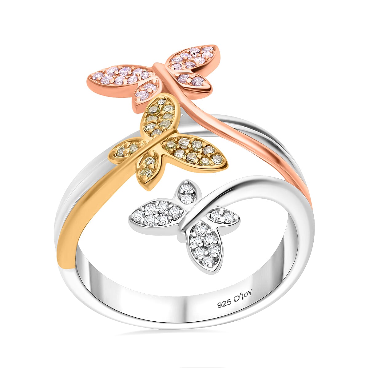 Natural Pink, Yellow and White Diamond Butterfly Ring in Vermeil RG, YG and Platinum Over Sterling Silver (Size 8.0) 0.25 ctw