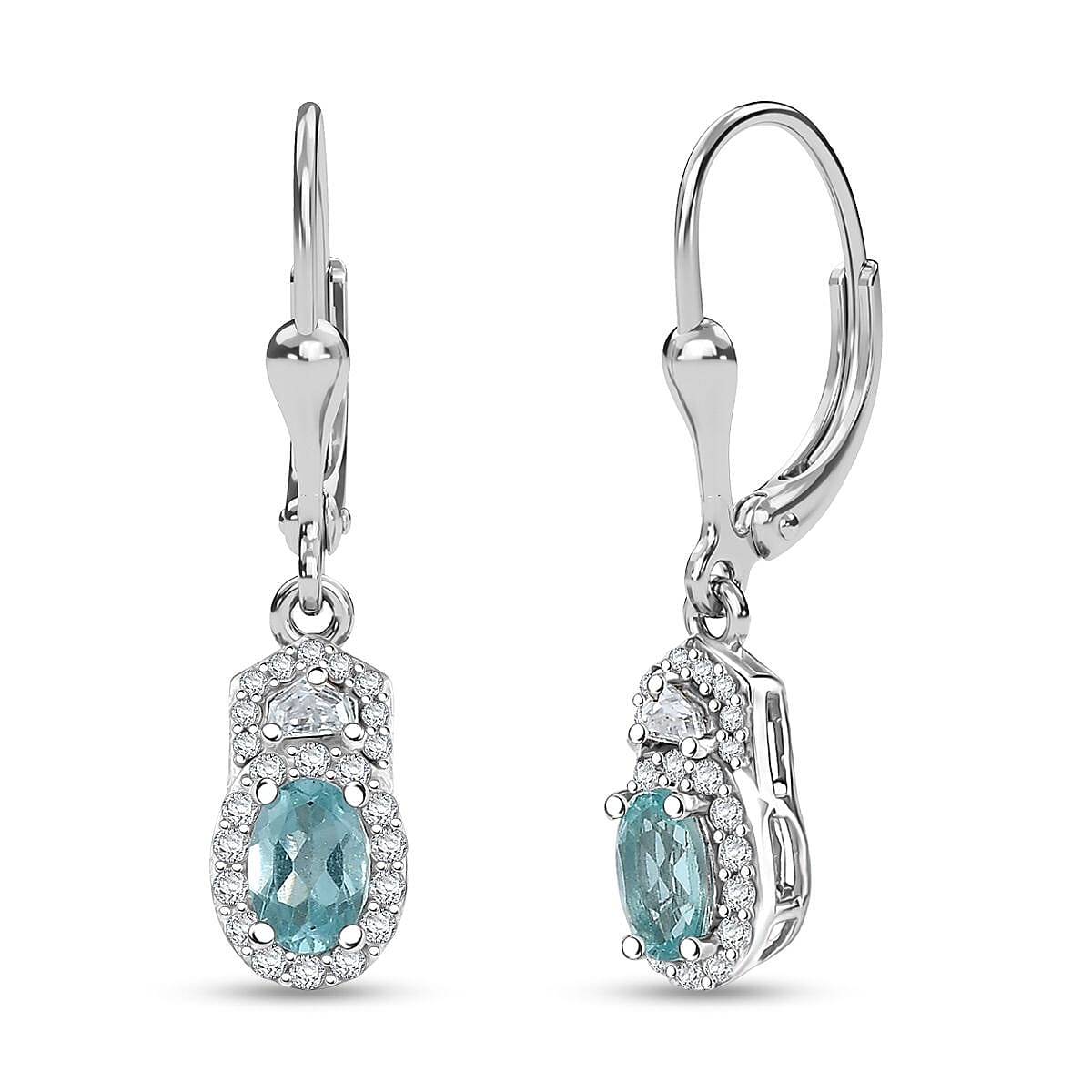 D'Joy Lagoon Apatite and Moissanite 1.45 ctw Lever Back Earrings in Rhodium Over Sterling Silver