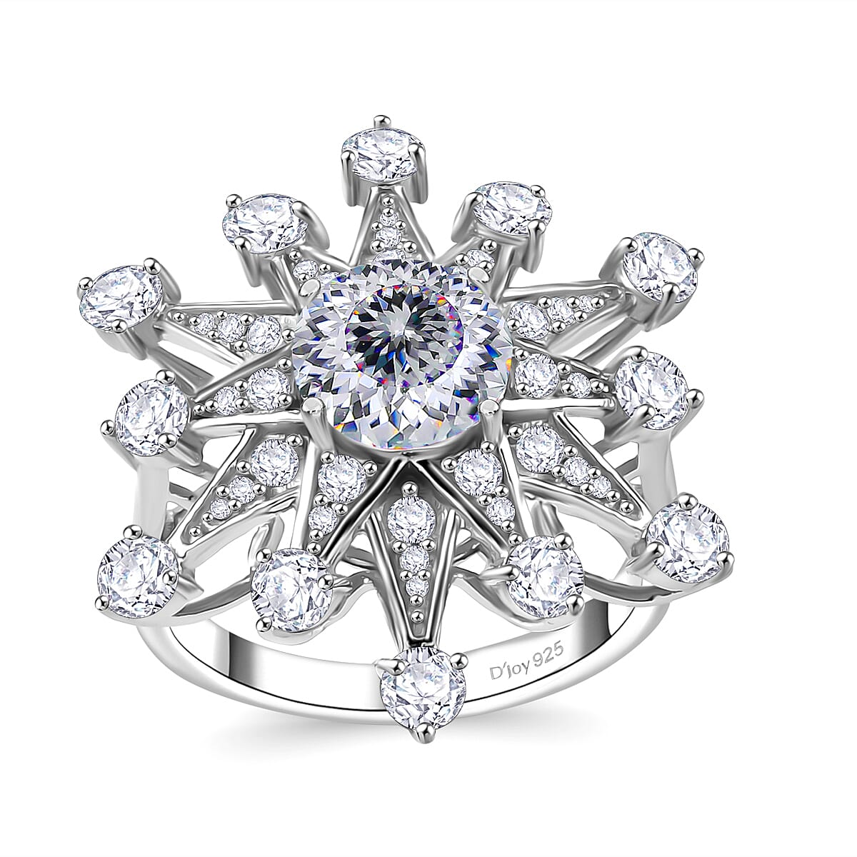 Crisantemo Cut Moissanite (Rnd 8mm) Snowflake Ring in Rhodium Over Sterling Silver (Size 10.0) 3.50 ctw