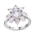 Premium Malagasy Moonstone and Multi Gemstone 2.10 ctw Floral Ring in Rhodium Over Sterling Silver (Size 10.0) - Sticky add to cart bar