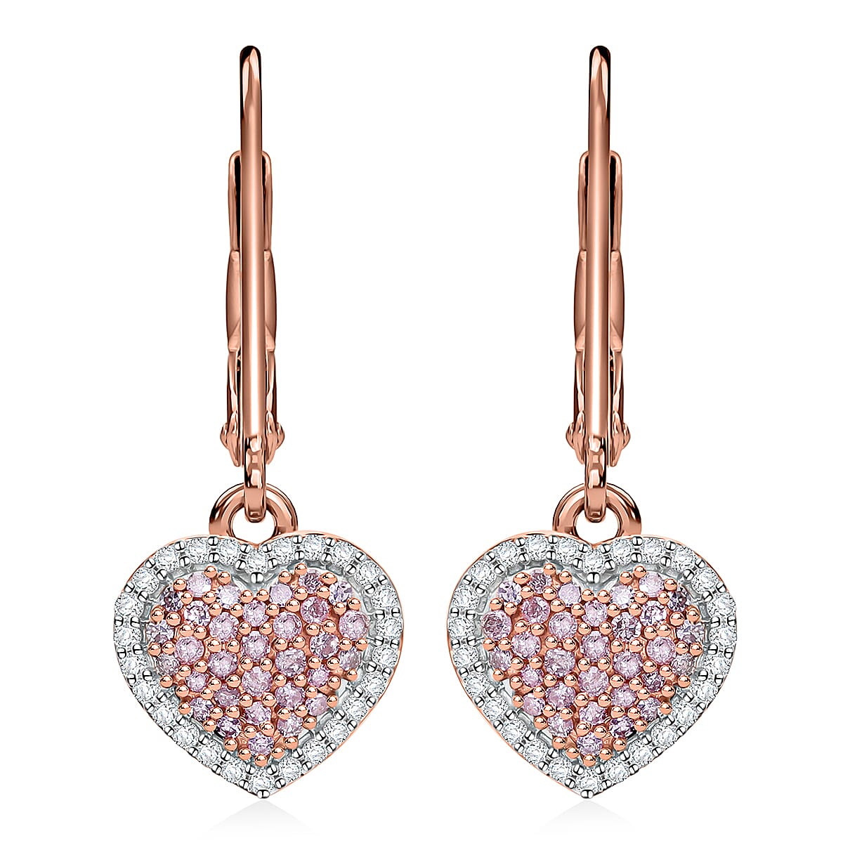 Natural Pink and White Diamond 0.50 ctw Heart Earrings in Vermeil Rose Gold Over Sterling Silver