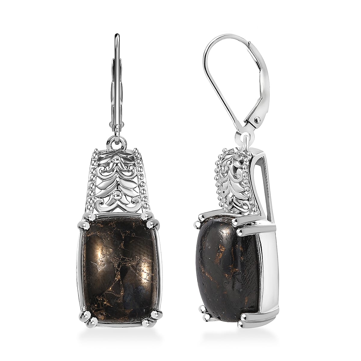 Matrix Silver Shungite 9.40 ctw Solitaire Lever Back Earrings in Platinum Over Copper with Magnet