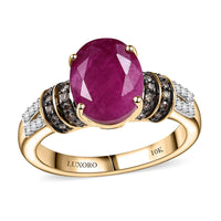 Luxoro 10K Yellow Gold AAA Montepuez Ruby, Boyaca Colombian Emerald, Natural Champagne and White Diamond (I2) (0.26 cts) Ring (Size 6.0) 4.76 ctw