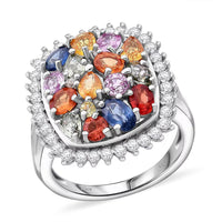 TLV Multi Sapphire, White Zircon Sunburst Elegance Ring in Rhodium Over Sterling Silver (Size 10.0) 4.40 ctw